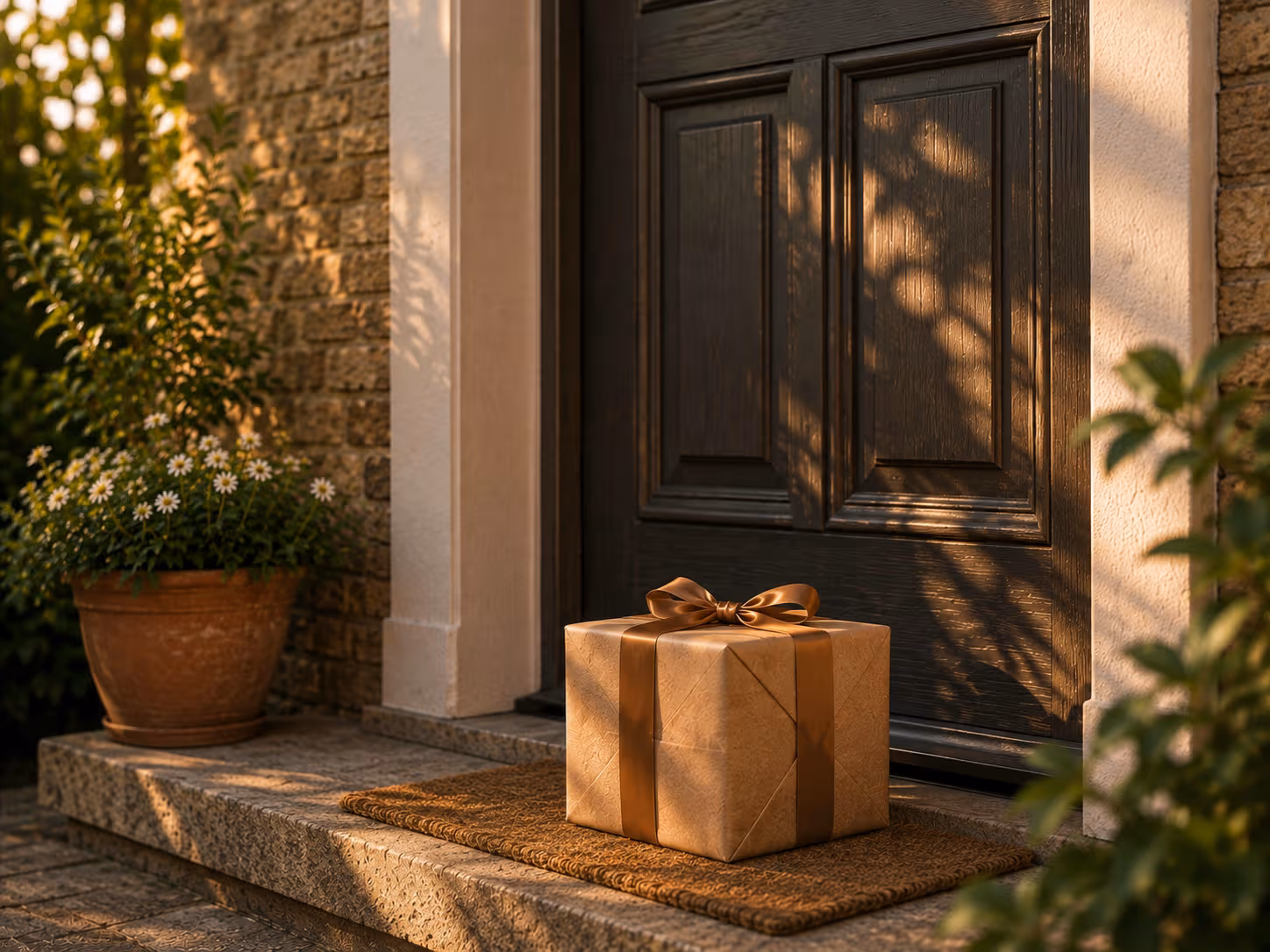 Un cadeau en attente devant une porte fermée