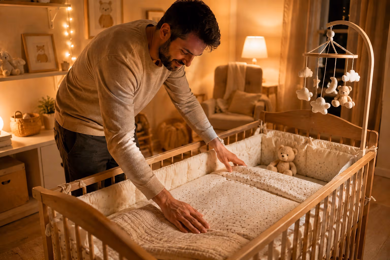 Un père préparant chaleureusement la chambre de son enfant