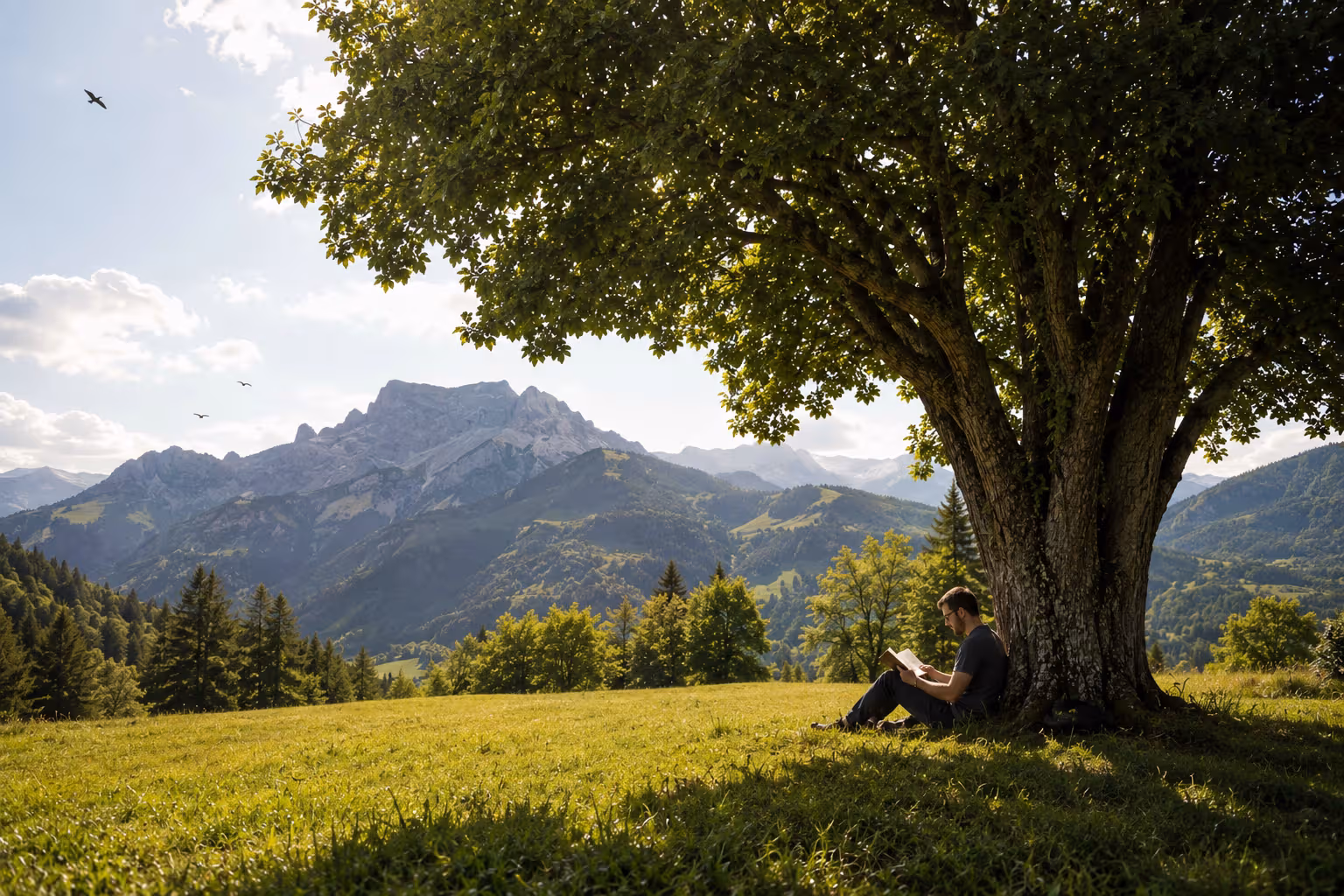 Un homme assis sous un grand arbre lit sa Bible dans une prairie de montagne