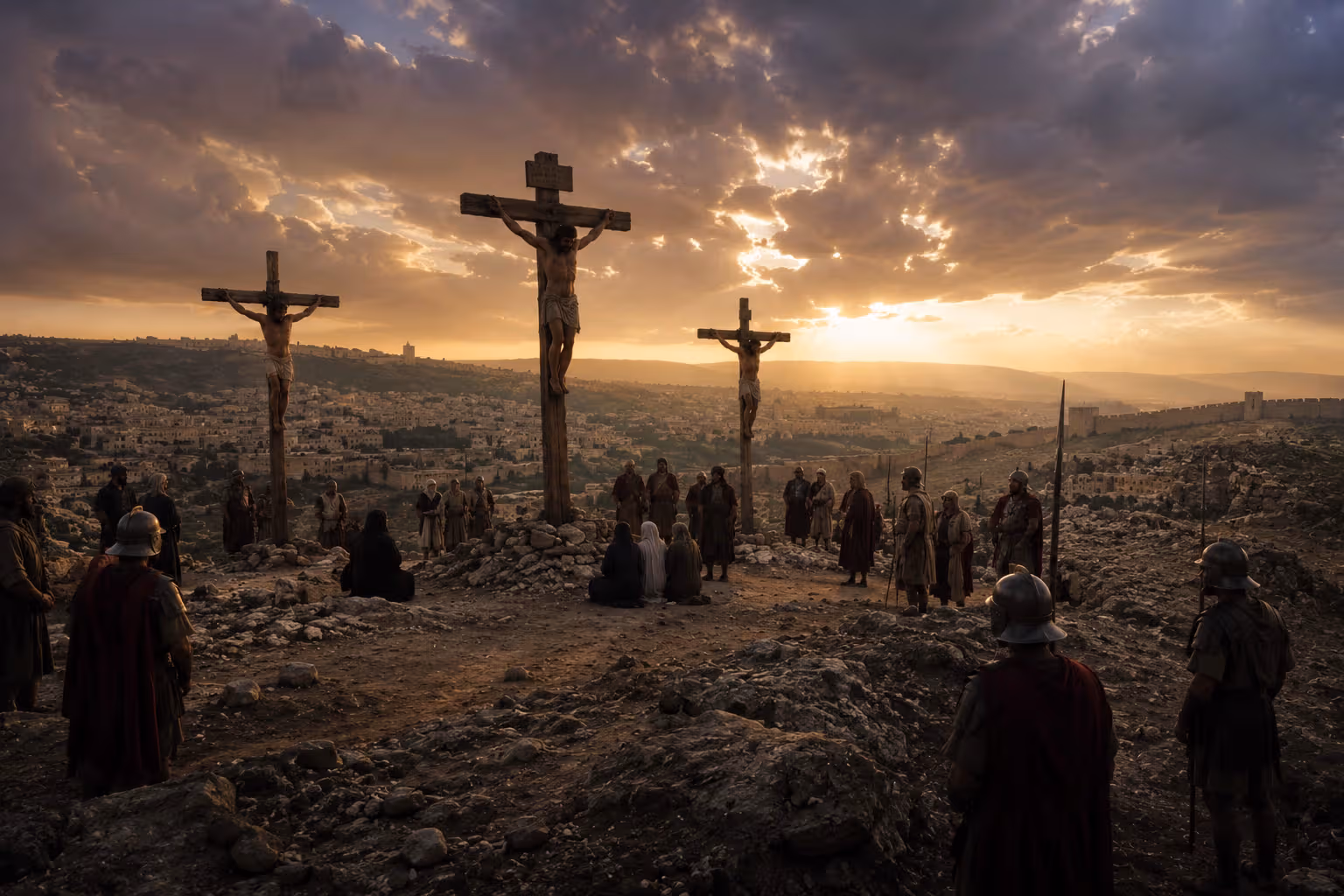 Jésus-Christ sur la croix dans une scène réaliste inspirée des récits bibliques